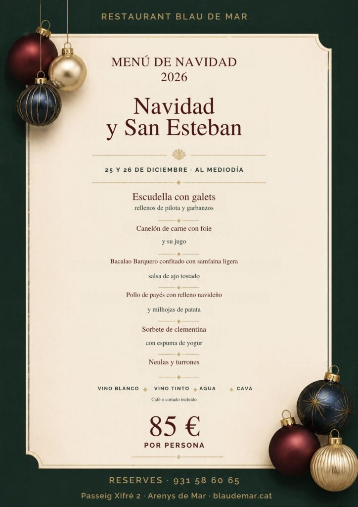 Menú de Navidad 2026 del Restaurant Blau de Mar, Arenys de Mar: Navidad y San Esteban, 25 y 26 de diciembre, 85 € por persona